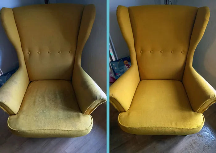 Gele oorfauteuil met verwijderde watervlekken