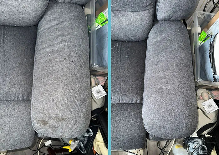 Vuile armleuning van een stoffen zetel weer schoon