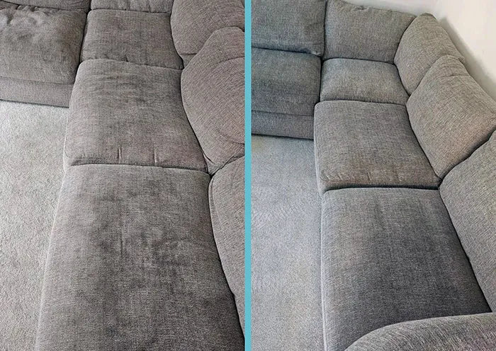 Zitkussens van een stoffen zetel na vlekbehandeling