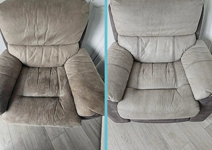 Vergrijsde microvezel fauteuil ontdaan van ingetrokken vuil