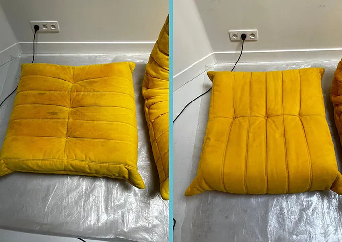 Vuil los zitkussen van een gele velours zetel weer schoon