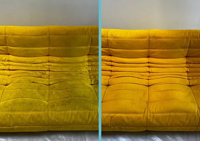 Gele velours zetel met ingelopen vuil uit de stof gereinigd