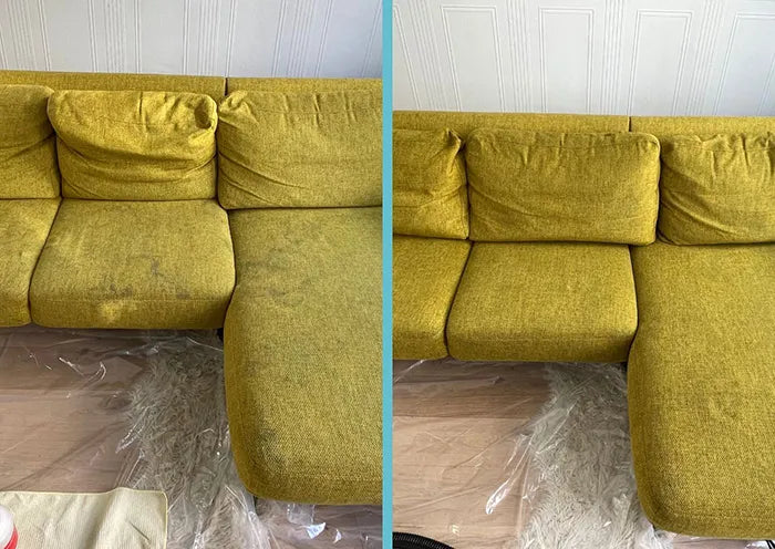 Okergele hoekbank met chaise longue na vlekverwijdering